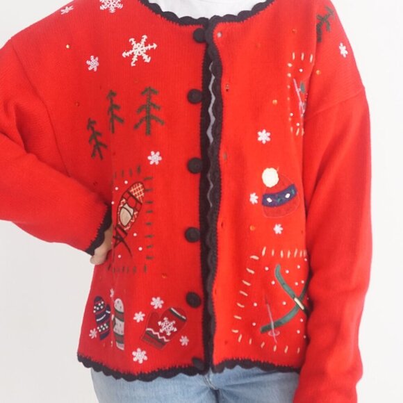 Vtg Basic Holiday Editions Red Embroidered Winter Button Up Cardigan Sweater L - Picture 2 of 12
